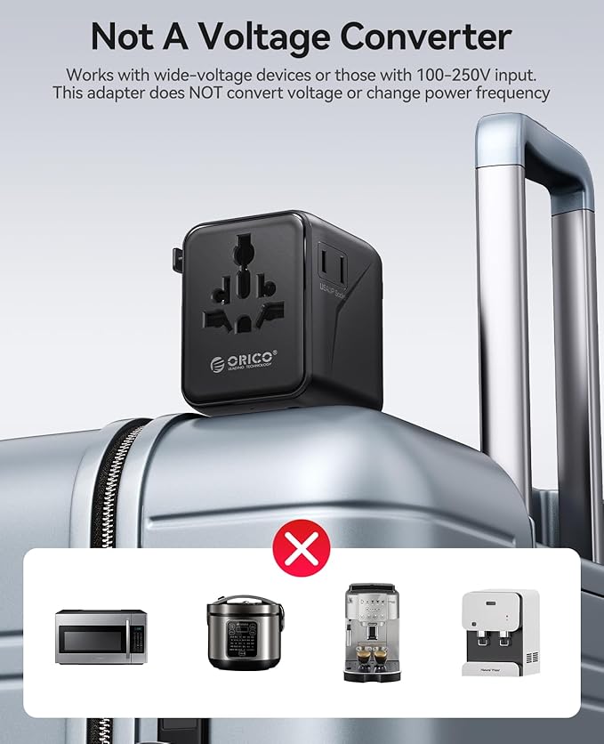 ORICO Universal Travel Adapter with 2 AC 2 USB-C and 1 USB-A Socket, PD 20W International Power Adapter, Worldwide Travel Essentials Wall Charger for USA EU UK AUS JP and Over 200 Countries