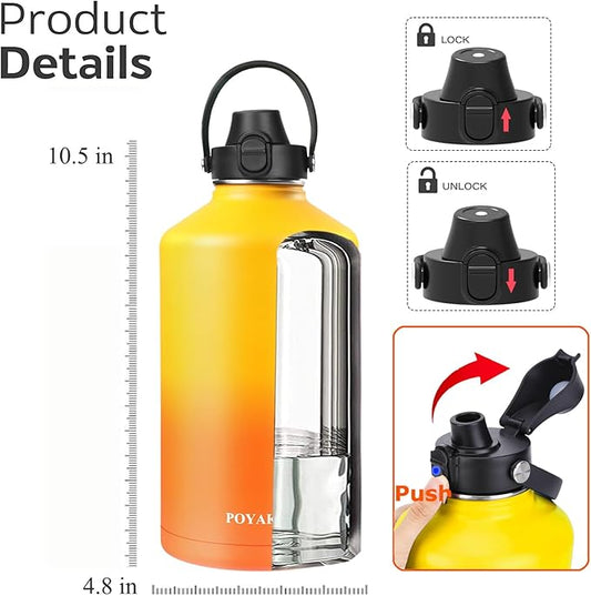 Water Bottle Insulated 32oz 40oz 64oz 128oz Straw Lid Spout Lid & 3 Lids, Leak Proof, Vacuum Insulated,Stainless Steel Water Bottle Wide Mouth for Sports, Gym or Office