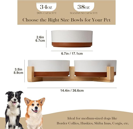 MALACASA Ceramic Dog Bowls, Dog Bowls for Medium Sized Dogs with Wood Stand - Pet Food & Water Bowl Set for Cat Medium Dogs, Weighted Glaze Matte.34 OZ (M-3.5 Cups)