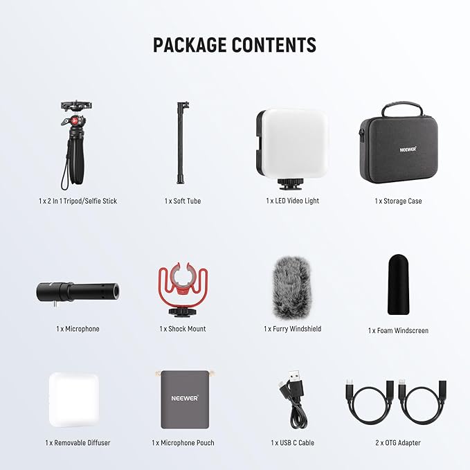 NEEWER Phone Vlogging Kit, Content Creator Essentials Kit for YouTube with LED Light, Selfie Stick Travel Tripod, Flexible Soft Tube, USB C Cardioid Microphone for iPhone, Android, Podcast, PA045