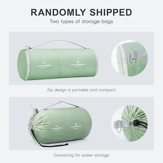 Travel Pillow and Blanket Set Neck Pillows Soft Blankets with Sleep Mask Travel Essentials for Airplane Car Memory Foam Sage Green