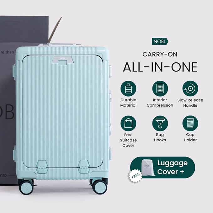 Nobl Travel Carry On Luggage, Noble Zipperless Aluminum Frame PC Hard Shell Suitcase, 22.5x15x9.5 Airline Approved, 360° Spinner Wheels, TSA Locks, USB Charging Port, Cup & Phone Holder - Baby Blue