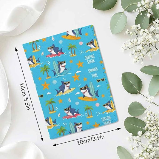 Surfer Shark Passport Holder for Travel Summer Time Surfboard PU Leather Passport Cover Wallet Cute Passport Card Holder for Women and Men
