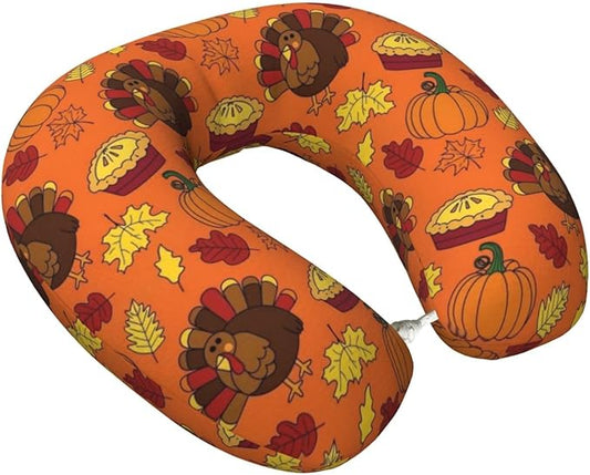 Neck Pillow Memory Foam Travel Pillows Comfortable for Airplane Flight Car Travel Office Nap and Sleeping, Funny Cushion for Head Shoulder Orange Pumpkin Color Thanksgiving Turkey