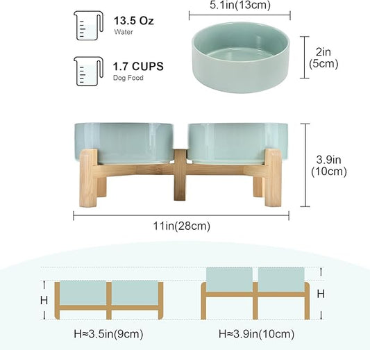 SPUNKYJUNKY Elevated Dog Bowls Ceramic, 5.1'' Dogs and Cat Food Water Bowls Raised with Non-Slip Bamboo Stand for Puppy Small Sized Breed Microwave Dishwasher Safe - 13.5 OZ,Light Green