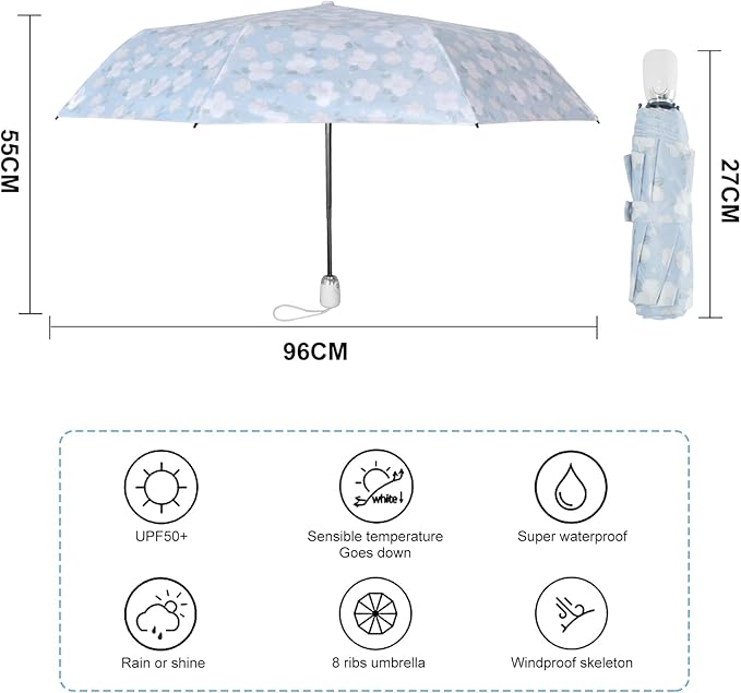Cuby UV Sun Umbrella Compact Folding Travel Umbrella Auto Open and Close for Windproof, Rainproof & 99.9% UV Protection Parasol with Black Anti-UV Coating (Blue Jasmine)