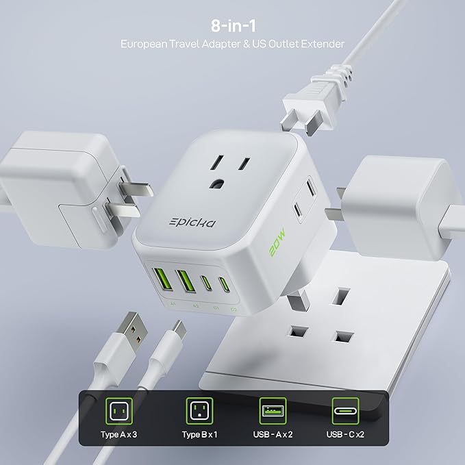 EPICKA Hybrid International Power Adapter for US to England, Foldable & Detachable Type G (UK) VisaPlug, 8-in-1 Travel Plug Adapter with 4 USB Ports (2 USB-C PD 20W), Travel Dormestic Essentials