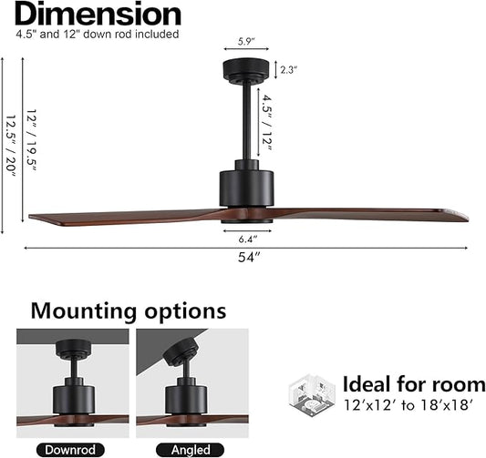 WINGBO 54 Inch DC Ceiling Fan without Lights, 4 Carved Solid Wood Blades, 6-Speed Noiseless Reversible DC Motor, Modern Ceiling Fan No Light with Remote, Black Finish with Walnut Blades, ETL Listed