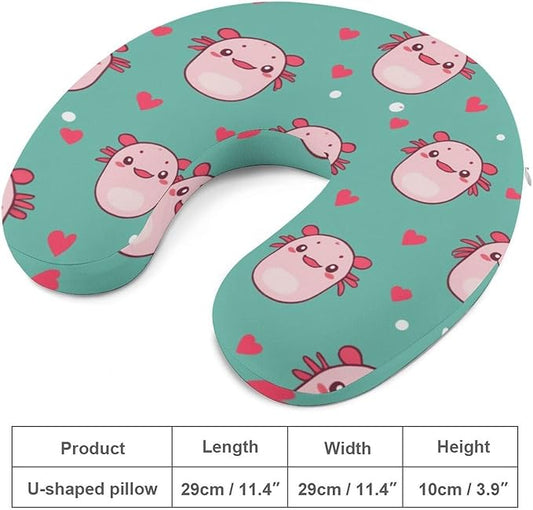 Men’s Comfort U-Shaped Neck Pillow Memory Foam Travel, Axolotls Hearts and Bubbles Green U-Shape, Breathable Car Airplane Support