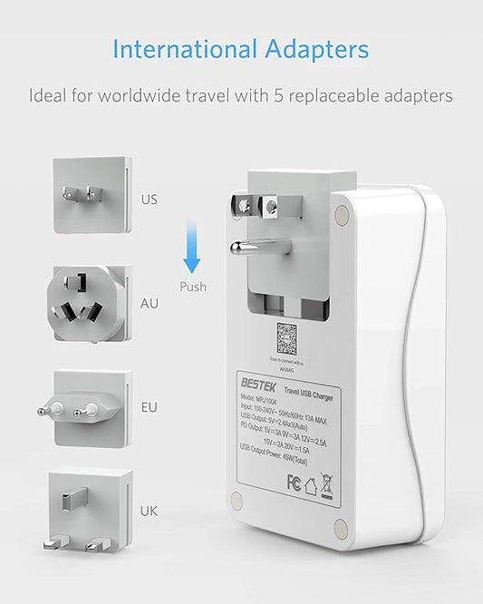 BESTEK Universal Travel Adapter Kit – European Travel Plug Adapter, with PD Fast Charging, 1 USA sockets, 3USB-A, 1x PD 30W USB-C, Power Adaptor for Hair Dryer Curling Iron, Plugs for EU, UK, AU