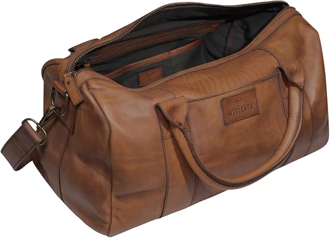 Full Grain Leather Duffle Bag – 25L Travel, Gym & Carry-On Weekender for Men | Handcrafted Overnight Bag with Brass Hardware, Vintage Style