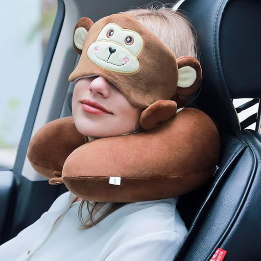 Travel Pillow, Memory Foam Neck Pillow with 360-Degree Head Support Comfortable Airplane Pillow with Storage Bag Lightweight Traveling Pillow for Sleeping, Car, Train, Bus and Home Use (Monkey)