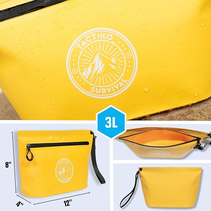 3-Pack Tactiko 3L Water Resistant Pouches - Waterproof Material w/Splashproof Zipper - Hold All Zipper Bags for Storage, Toiletries,Travel, Beach, Cruise, Home (3, Yellow/Orange/Gray)