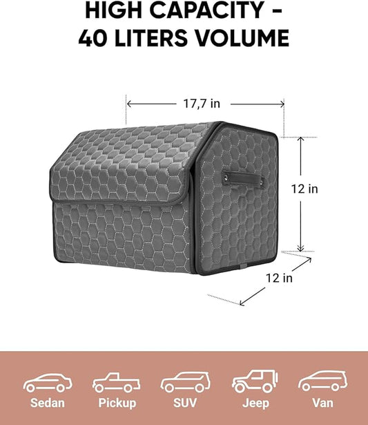 Owleys Foldable Trunk Organizer For Car - Trunk Organizers Car Storage - Collapsible Auto Trunk Organizer With Lid - Small And Large Cargo Organizer - Trunk Organization (Gray 17)