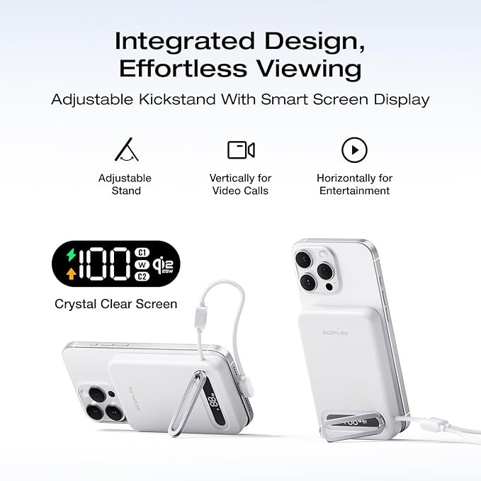EF ECOFLOW Rapid Mag Power Bank 10,000mAh, Qi2.2 25W Wireless Charging, 0.6'' Slim Magnetic Portable Charger, Built-in USB-C Cable, Qi2 Certified Magsafe-Compatible Battery for iPhone 17/16/15, White