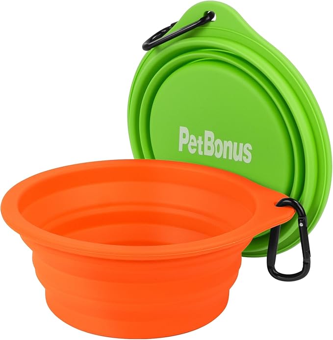 PetBonus 2-Pack Large Silicone Collapsible Dog Bowls, 34oz/1000ml BPA Free Portable Foldable Travel Bowl for Pet Cat, Food Water Feeding Dish for Camping with 2 Carabiners (Green, Orange)