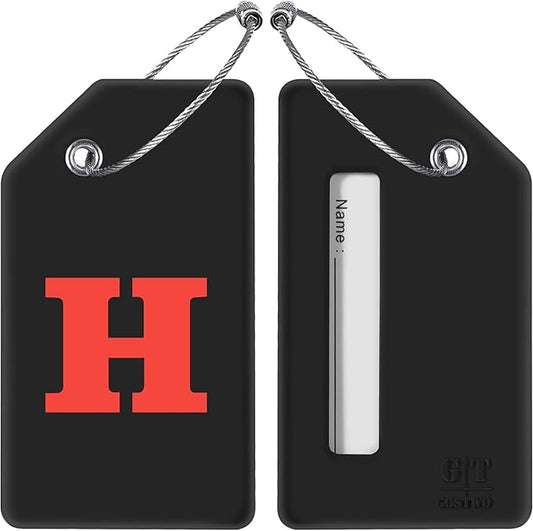 Gostwo 2 Pack Silicone Luggage Tags for Suitcases, 26 Initial Letter Baggage Labels Handbag School Bag Suitcase Instrument Tag with Stainless Steel Loop(Black)(Letter H)