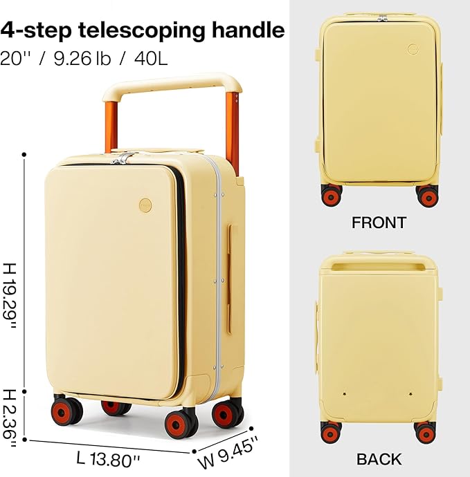 mixi Carry On Luggage Wide Handle Luxury Design Rolling Travel Suitcase PC Hardside with Aluminum Frame Hollow Spinner Wheels, with Cover, 20 inch, Lark Yellow
