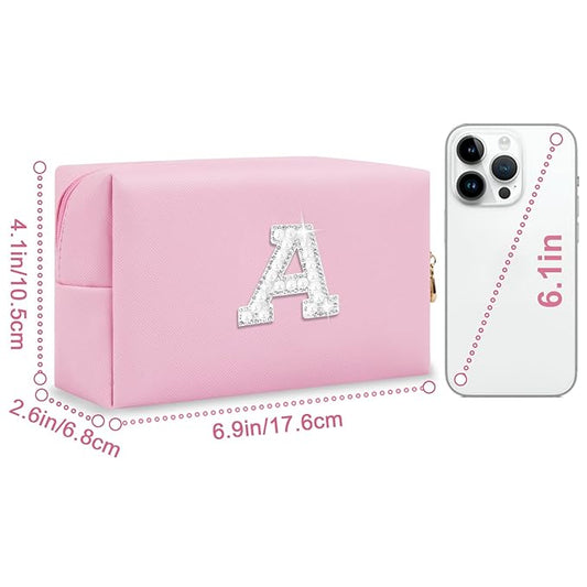 ChaoGreat Bride Gifts โ Personalized Initial Makeup Bag with Pearl Rhinestone Patch, Preppy Pink Monogram Cosmetic/Toiletry Pouch, bridesmaid Gifts, Bridal Shower Gifts, Wedding Gifts, Bridal Gifts,A