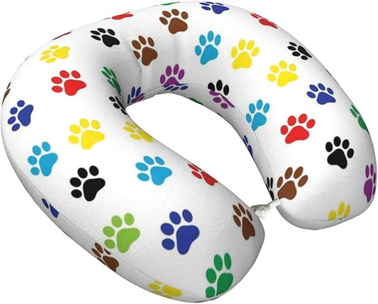 Comfortable Travel Pillow for Pain Relief Sleeping, Memory Foam Airplane Car Neck Pain Pillows Colorful Paw Prints, Funny Chin Head Support Cushion