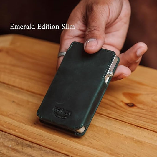 Double Oak Essentials SLIM Leather Pop-up Wallet — Removable Cardholder Design with Locking Mechanism - RFID Blocking, Top Grain Cowhide Leather (Emerald Edition)