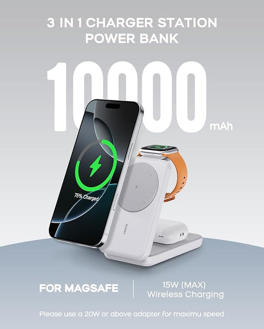 RORRY Portable Charger, 3-in-1 Charging Station 10000mAh Portable Charger Power Bank for MagSafe Foldable Battery Pack Travel for iPhone 17/16/15/14/13/12, for Apple Watch 11/10/9/8/7/Ultra/3/2, White