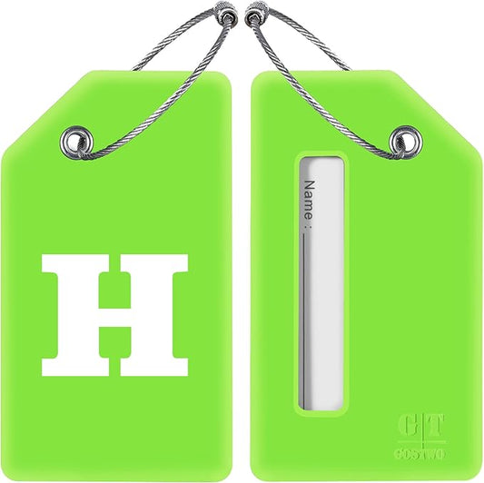 Gostwo 2 Pack Silicone Luggage Tags for Suitcases, 26 Initial Letter Baggage Labels Handbag School Bag Suitcase Instrument Tag with Stainless Steel Loop(Green)(Letter H)