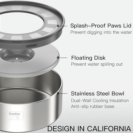 1Gallon No Spill Water Bowl for Dogs, Double-Wall Stainless Steel with Splash-Proof Paws Lid and Floating Disk, Non-Slip Base, Easy to Clean Slow Water Feeder for Large Medium Dogs
