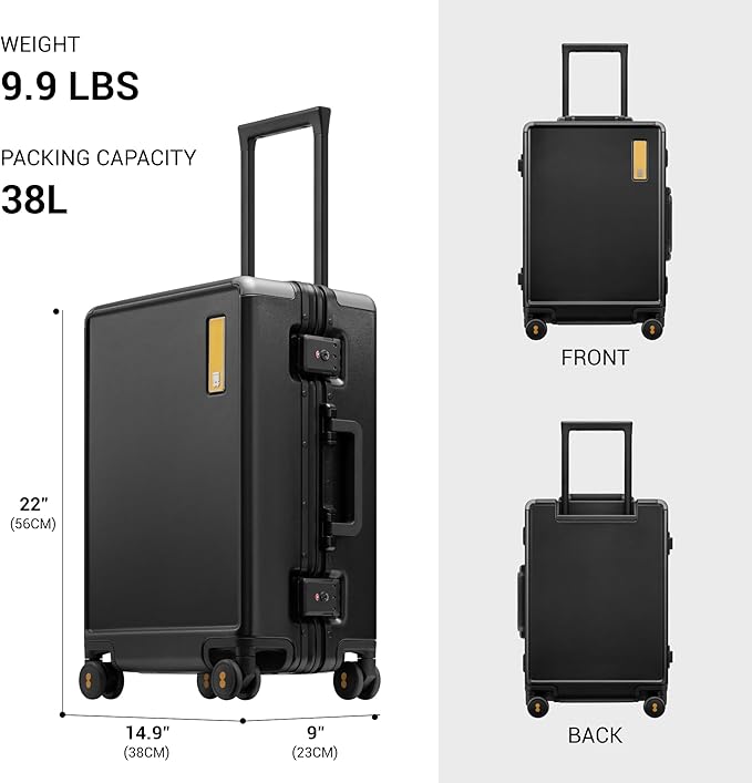 LEVEL8 Zipperless Carry On Suitcase Airline Approved with Aluminum Frame, Hard Shell Luggage with Spinner Wheels, Metal Travel Luggage with Packing Organizers, 20 Inch, Black