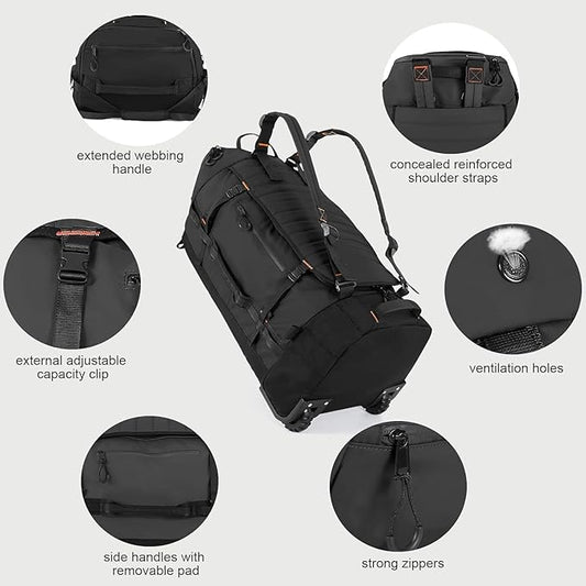 Rolling Duffle Bag with Wheels,86L 30”Carry on Luggage with Wheels,Folding Travel Bag,Duffle Backpack with Separate Shoe Compartment (black)
