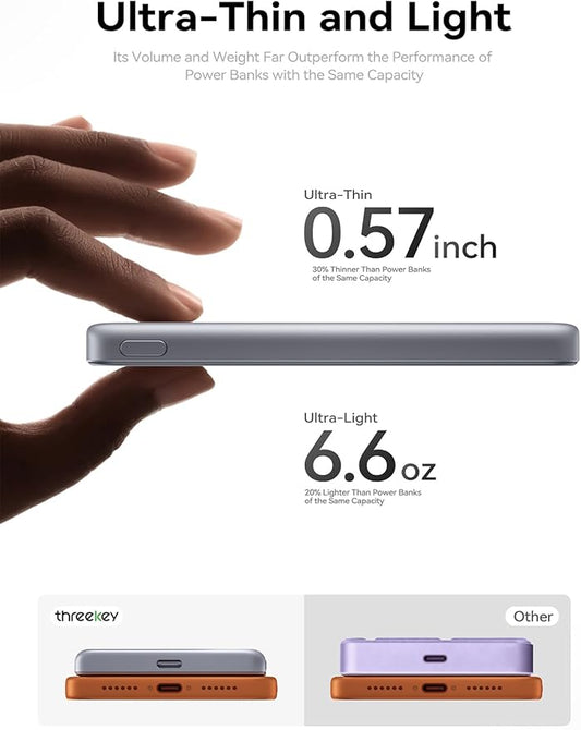 THREEKEY Ultra Slim for MagSafe Portable Charger, 10000mAh Card Slim Magnetic Power Bank,15W Wireless Fast Charging Battery Pack for iPhone 17 Air 16 15 14 13 12 Pro Max Plus(Argent Silver)
