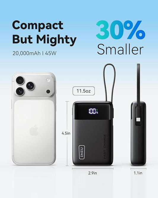 INIU 45W Portable Charger, Smallest 20000mAh Power Bank with Build in USB-C Cable, Fast Charging USB C in&Out Battery Pack, Travel Phone Charger for iPhone 17 16 15 Air Samsung S25 S24 Google, Beige