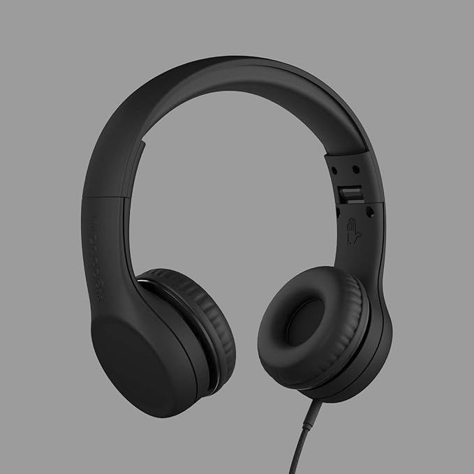 LilGadgets Connect+ Foldable Headphones, Adjustable Fit Soft Touch Padding for Kids with Mic, Volume-Limited & Noise Reduction On-Ear Wired Headset for School with SharePort - Black, Ages 3-14