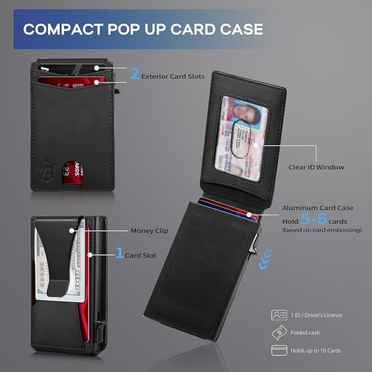 Zitahli Wallet for Men, Pop Up Metal Wallet with Money Clip & ID Window, RFID Blocking Credit Card Holder, Bifold Card Wallet Holds 8+ Cards Plus Cash Idea Gifts for Men