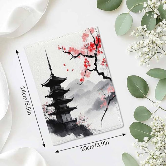 Sakura Branch Passport Holder for Travel Pagoda Traditional Oriental Style PU Leather Passport Cover Wallet Cute Passport Card Holder for Women and Men