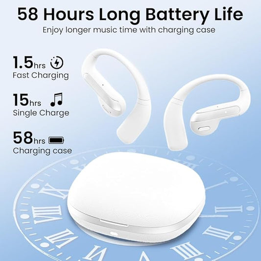 Open Ear Bluetooth 5.3 Earbuds, Wireless Headphones Sport Over Earphones Built-in Mic with Ear Hooks, 58H Playtime Ear Buds Fast Charging, IPX7 Waterproof for Running/Workout-White