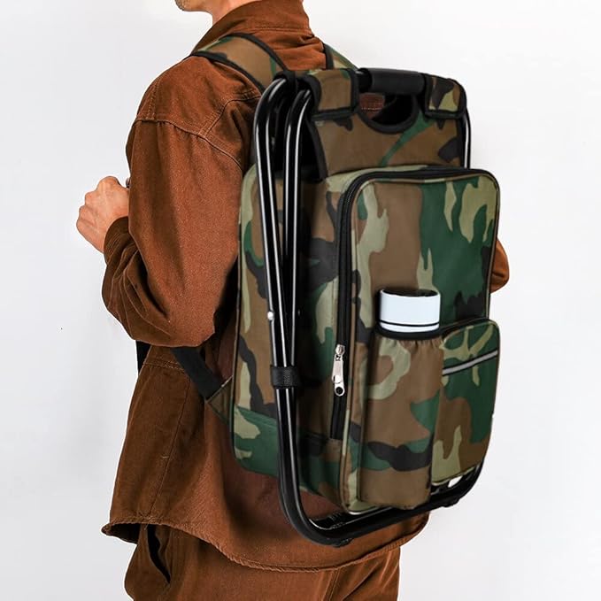 Large Size Portable Hiking Camouflage Camping Stool, 3 in1 Multifunction Fishing Backpack Chair, Folding Camping Chair Stool with Cooler Insulated Picnic Bag