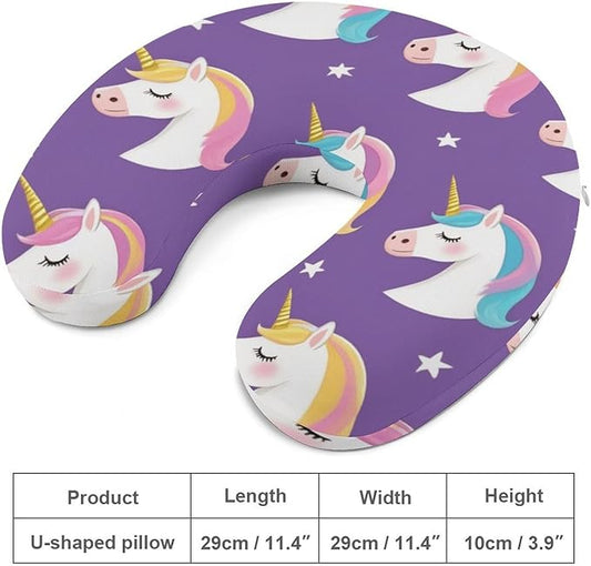 Teens Neck Pillow U-Shaped Memory Foam Travel Support, Galaxy Rainbow Star Magic Unicorn Purple U-Shape, Washable Airplane Car Office Pillow