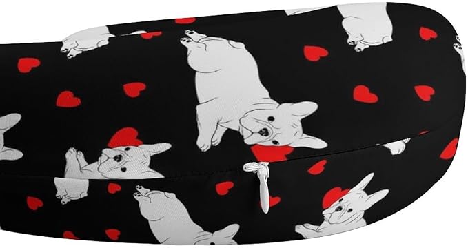 Breathable Memory Foam Travel Pillow U Shaped Chin Head Support Love Heart Funny French Bulldog Puppy Dog, Removable Washable Cover for Airplane Car Office Pain Relief