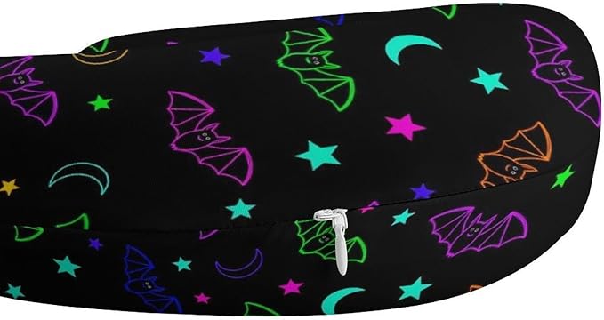 Pain Relief Travel Neck Pillow Halloween Gothic Moon Star Cute Neon Bat, Memory Foam U Shaped Support, Breathable Zip Cover for Airplane Car Office Men Women