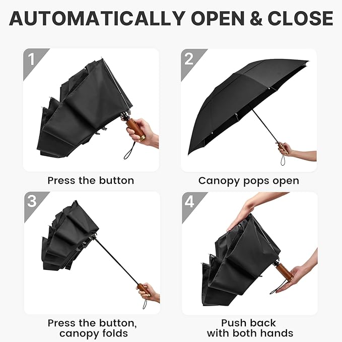 G4Free 54 Inch Inverted Windproof Umbrella with Wooden Handle, Large Double Canopy Auto Open & Close Golf Umbrella, Portable & Durable Rain Umbrella, Fits Car & Backpack
