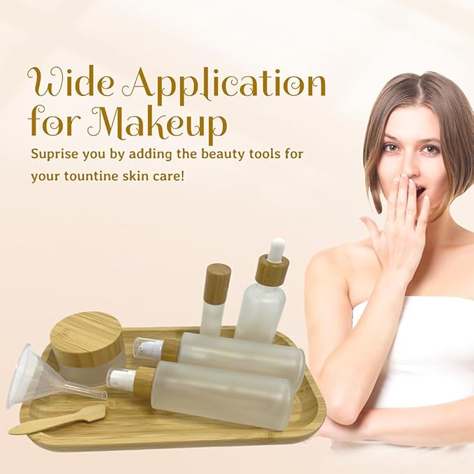 Empty Refillable Frosted Glass Cosmetic Containers with Bamboo Cover - 5 Pack, Spray Bottle, Lotion Pump, Dropper, Roller and Cream Jar for Cosmetic Storage with Tray