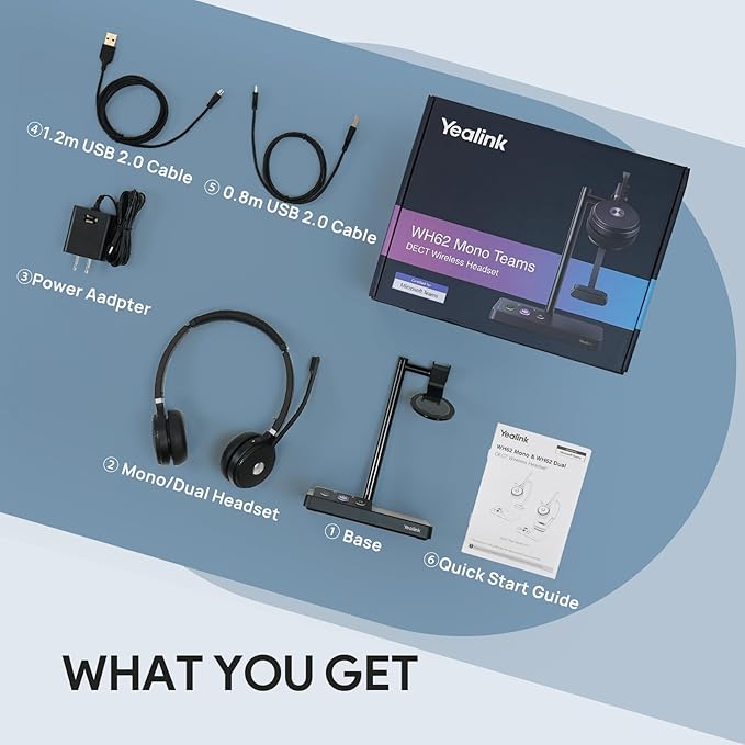 Yealink WH62 Mono Teams DECT Wireless Headset with Base,525 Ft Long Range Work Single Ear Headphones for Desk Phone and PC,Telephone Headset with Noise Cancelling Mic,Ringer,13H Talk Time