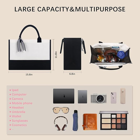 OKBA Personalized Classic Canvas Tote Bag(Black and White), for Wedding, Birthday, Beach, Perfect Gifts for Women