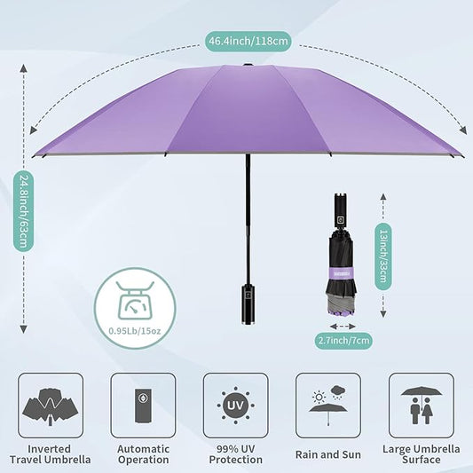 Yoobure Inverted Windproof Travel Umbrella - Automatic Umbrellas for Rain, Compact Folding with Reflective Stripe, Portable Large for Backpack, Lightweight with Sun UV Protection
