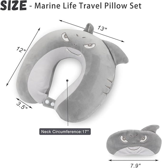 Travel Pillow, Kids Travel Pillow with Sleep Eye Mask Soft Memory Foam Kids Neck Pillow for Boys & Girls, Travel Accessories for Car Airplane Traveling - Shark