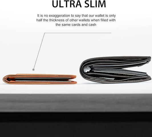 GSOIAX Mens Slim Wallet for Men Minimalist Genuine Leather Carbon Fiber Rfid Blocking Bifold Credit Card Holder With Gift Box (Brown)
