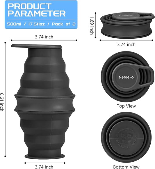 Nefeeko Collapsible Water Bottle,17oz(500ml) Reuseable BPA Free Silicone Foldable Water Bottles for Travel Gym Camping Hiking, Portable Leak Proof Sports Water Bottle with Carabiner