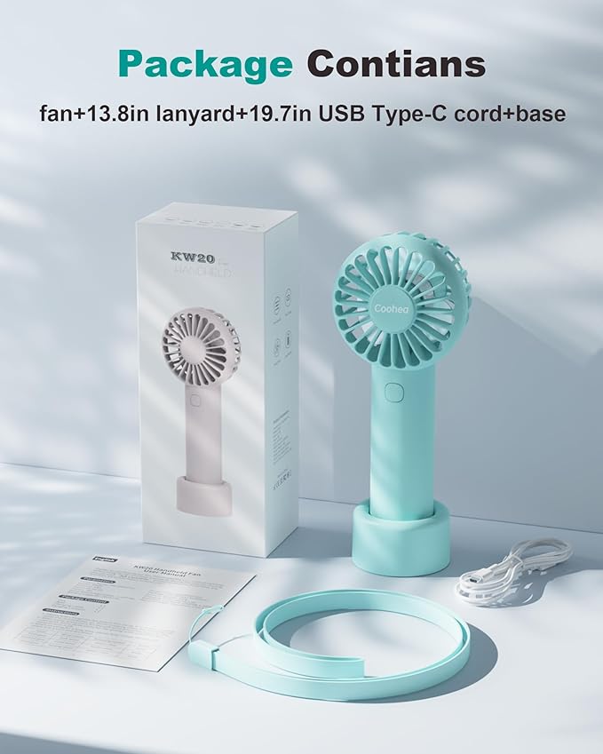 Coohea Mini Handheld Fan, Small Cute Design, 3 Powerful Speeds, USB Rechargeable Battery Operated, Portable Personal Fan with Base & Lanyard, for Eyelash Makeup Travel Beach Office Desk, Blue