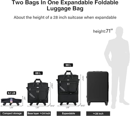 MILADA Expandable Luggage Bags for Travel Foldable Suitcase with Wheels Collapsible Rolling Travel Duffle Bag Lightweight Large Suitcases without Telescoping Handle, Black